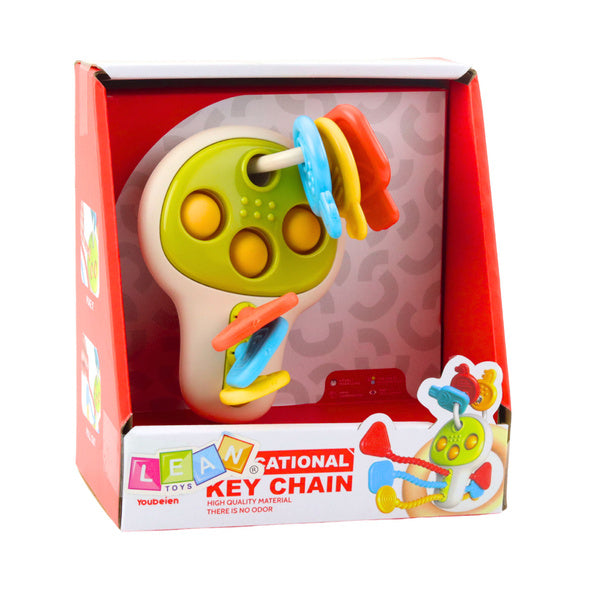 Izglītojošās sensoriskās atslēgas rotaļlieta iepakojumā ar krāsainām detaļām un Lean Toys logotipu