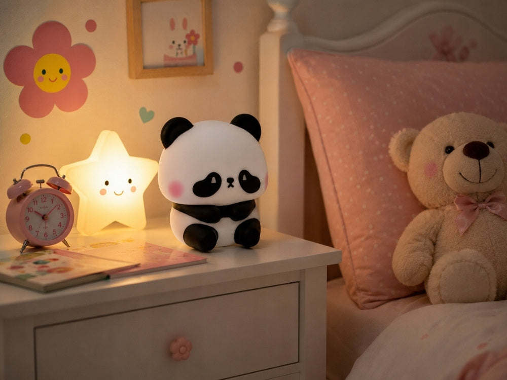Silikona pandas LED RGB naktslampiņa bērnu istabā uz naktsgaldiņa blakus zvaigznes lampai