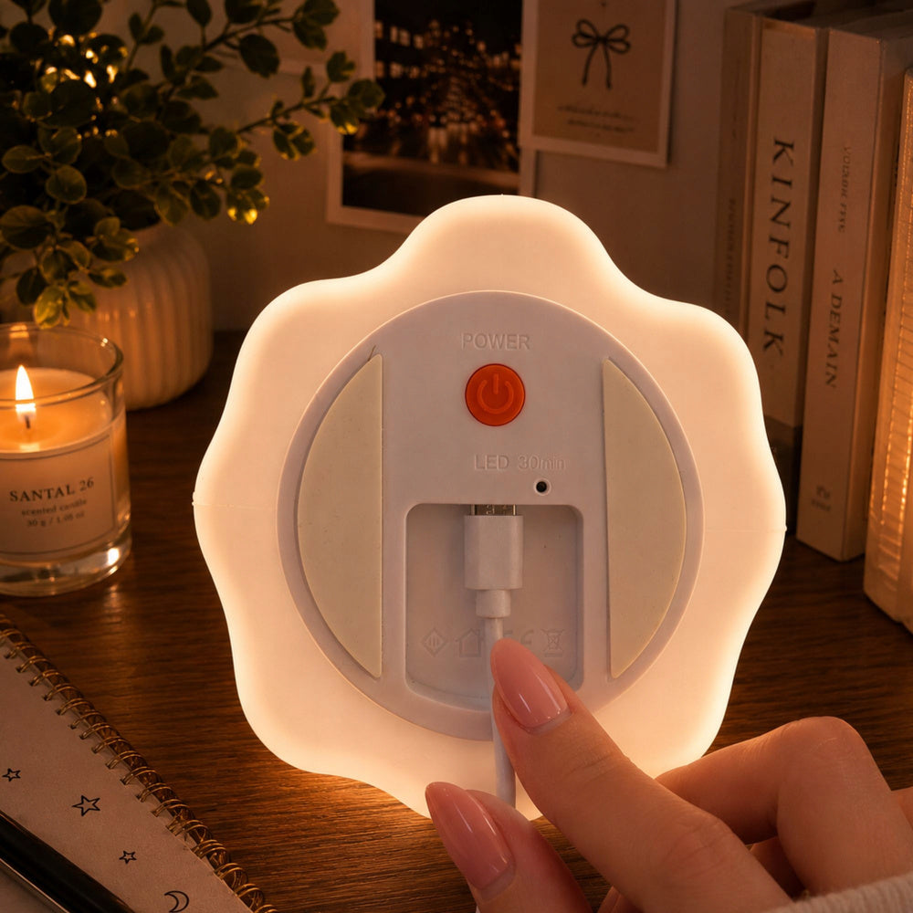 Silikona spoka LED RGB naktslampiņas apakšdaļa ar ieslēgšanas pogu, 30 minūšu taimeri un USB uzlādi