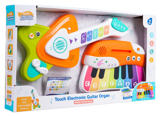 Bērnu skārieninstrumentu komplekts – krāsaina ģitāra un klaviatūra ar gaismām un nošu kartītēm kastē