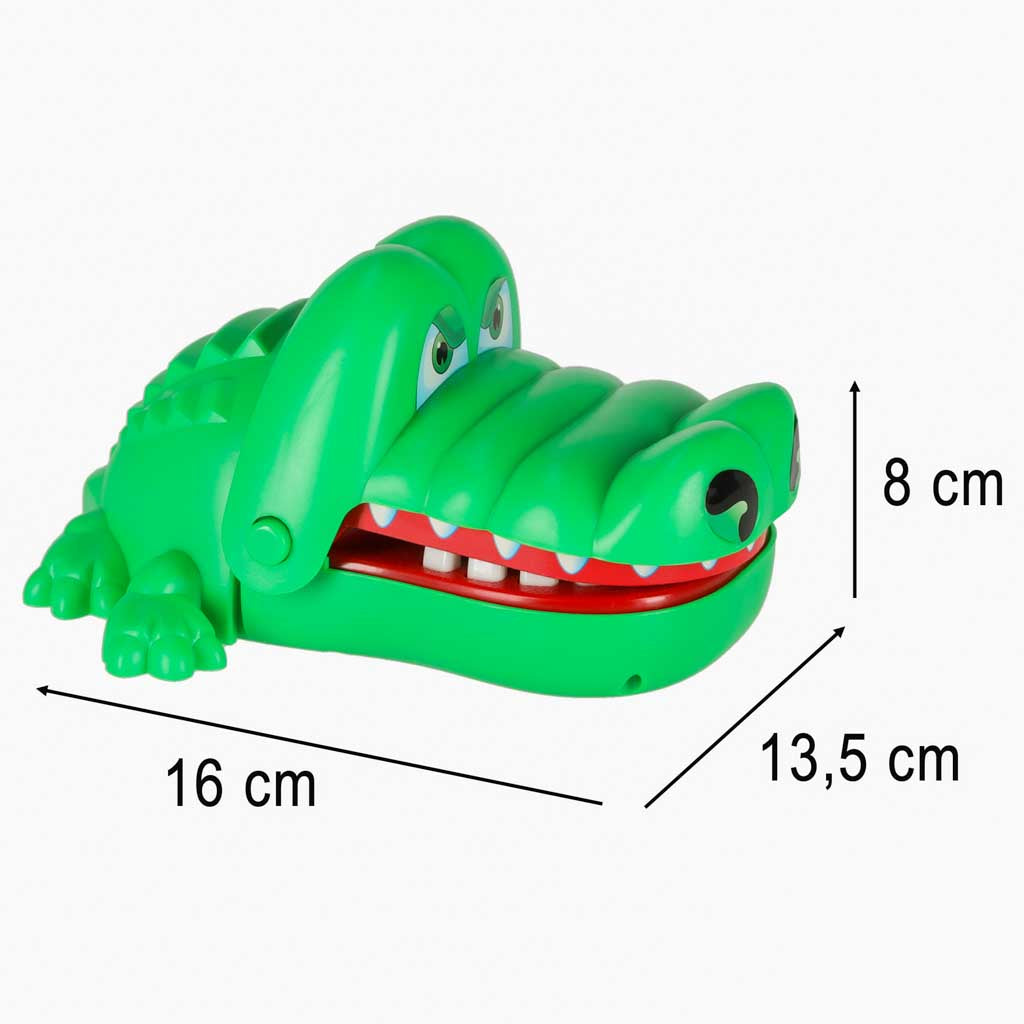 Spēle “Krokodils pie zobārsta” – zaļš krokodils ar atvērtu muti un norādītiem izmēriem 16 × 13,5 × 8 cm