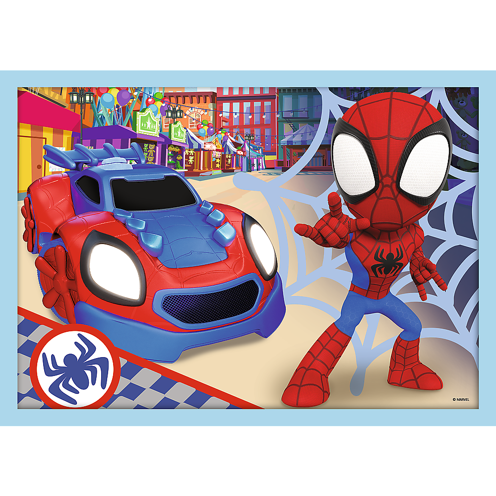 Spidey puzle ar supervaroņa auto un pilsētas fonu
