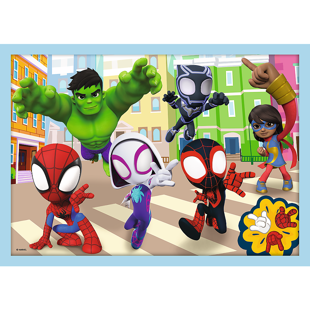 Spidey puzle ar supervaroņu komandu pilsētas fonā