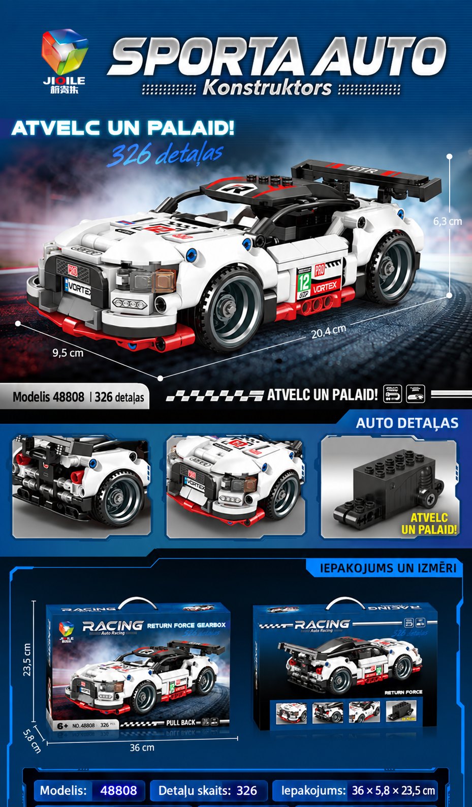 Sporta auto konstruktors 326 gabali ar Pull Back piedziņu balts melns
