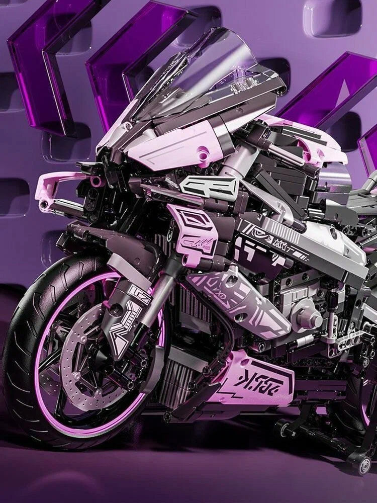 rozā un violetu detaļu tehniskais sporta motocikla modelis tuvplānā