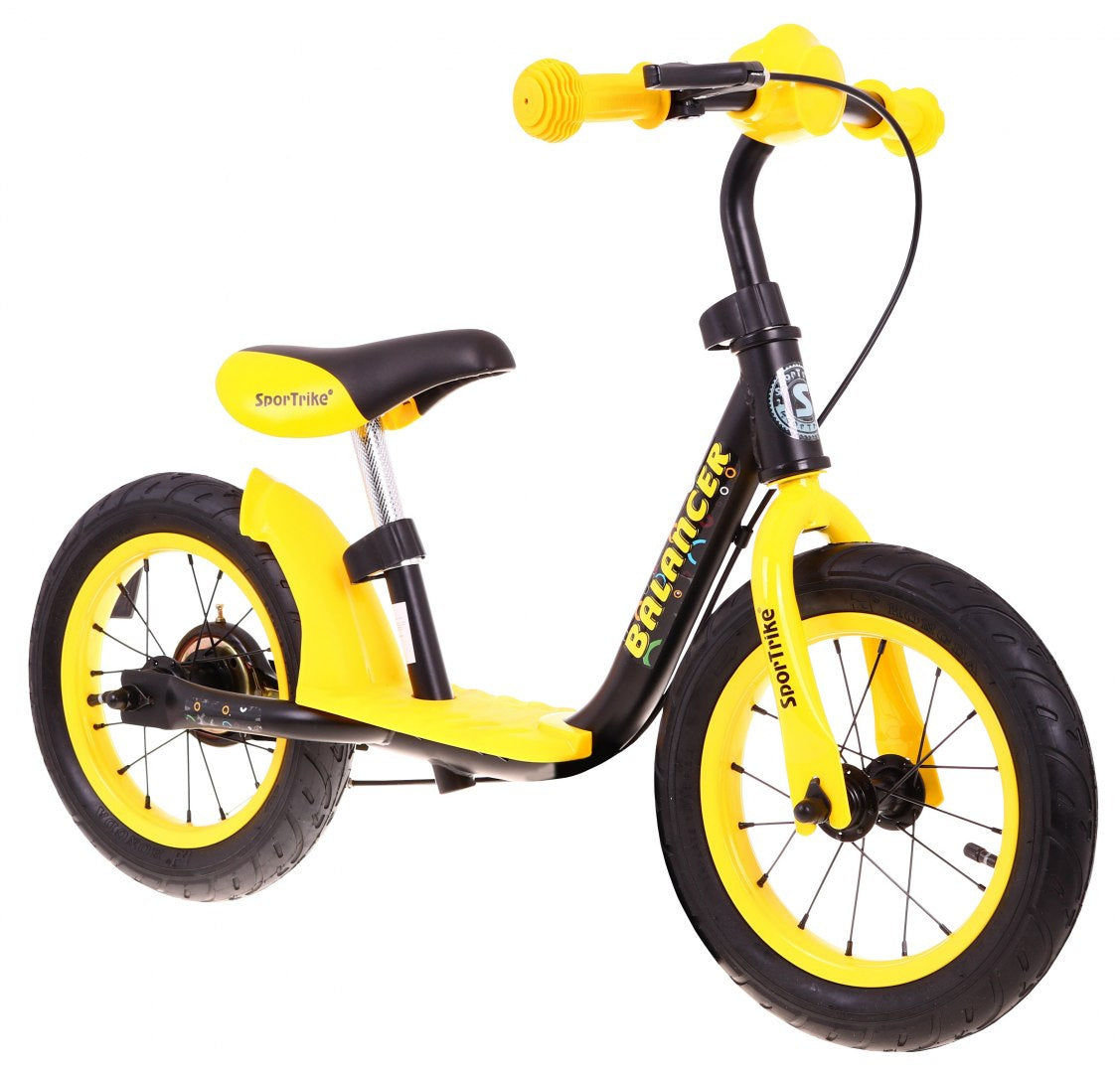 Dzeltens SportTrike līdzsvara velosipēds bērniem ar 12 collu piepumpējamiem riteņiem un bremzi