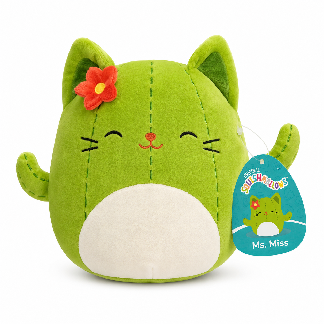 Zaļa Squishmallows kaķa plīša rotaļlieta Ms. Miss ar ziediņu un birku