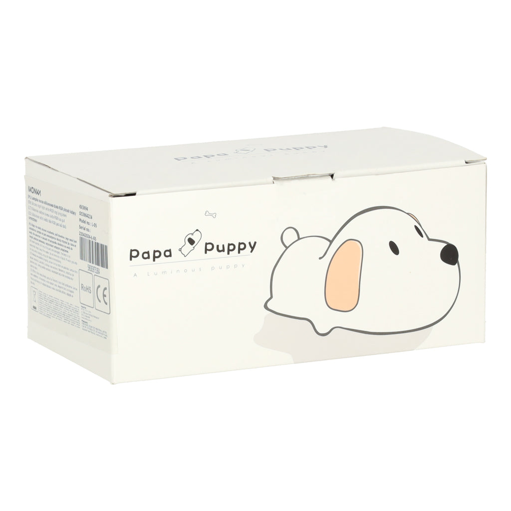 Suņa naktslampiņas iepakojums “Papa Puppy” ar guldoša kucēna ilustrāciju