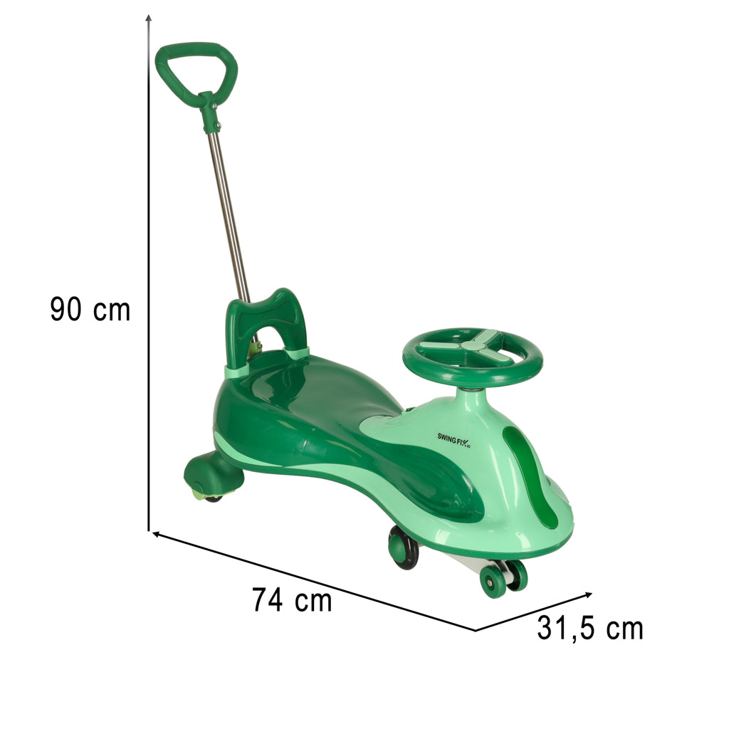 Swing Fix S2 šūpojošais auto zaļā krāsā ar izmēriem 74 x 31,5 x 90 cm