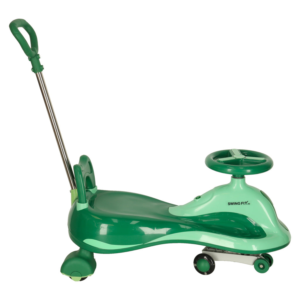 Swing Fix zaļš šūpojošais auto bērniem ar stumšanas rokturi