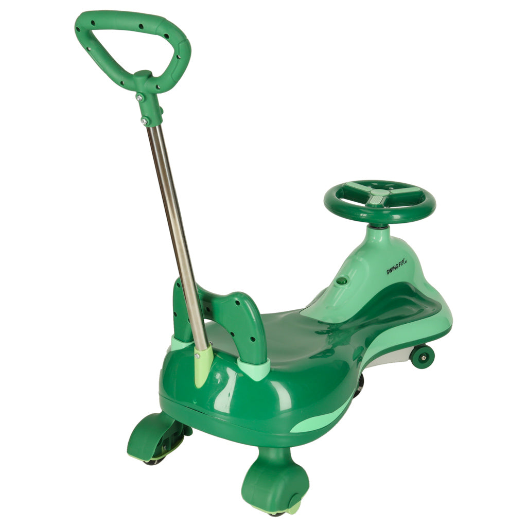 Swing Fix zaļš šūpojošais auto bērniem ar stumšanas rokturi