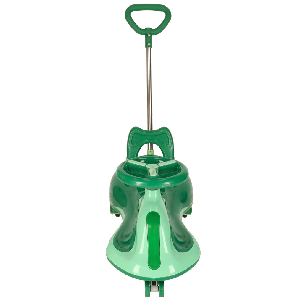 Swing Fix zaļš bērnu šūpojošais auto skats no priekšas