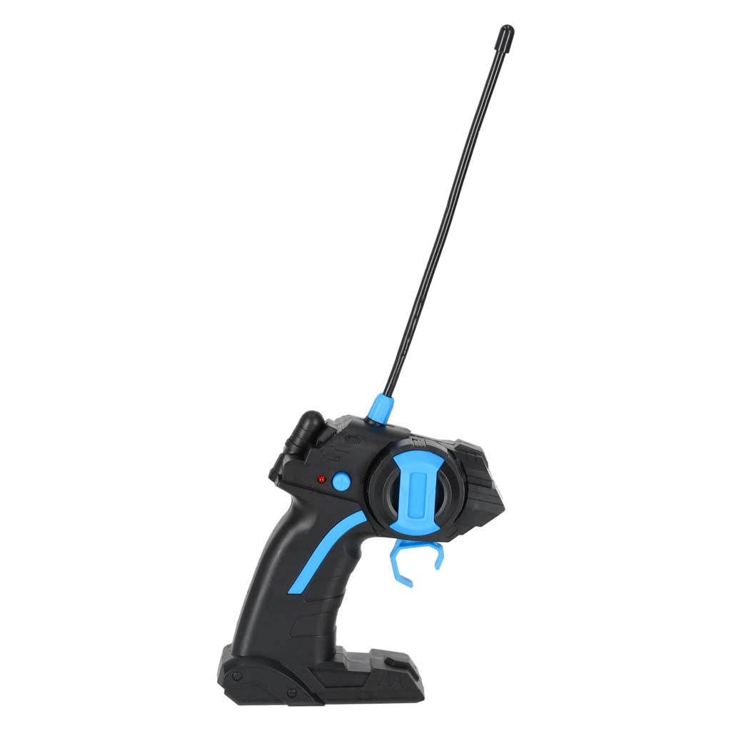 Tālvadības pults melnā un zilā krāsā ar garu antenu.