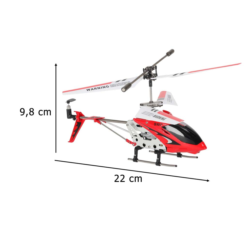 Tālvadības helikopters SYMA S107G sarkanā krāsā ar norādītiem izmēriem