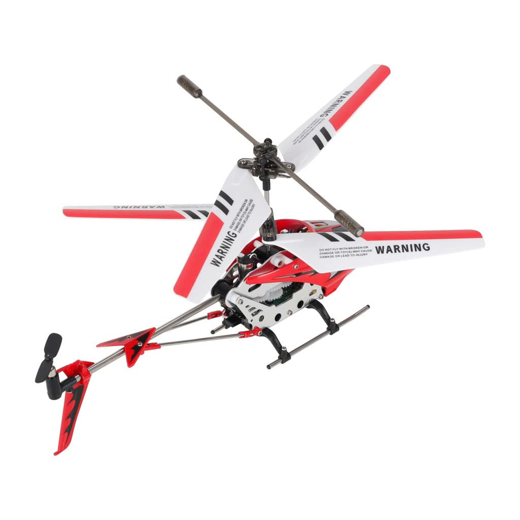 Tālvadības helikopters SYMA S107G sarkanā krāsā skatā no aizmugures augšpuses