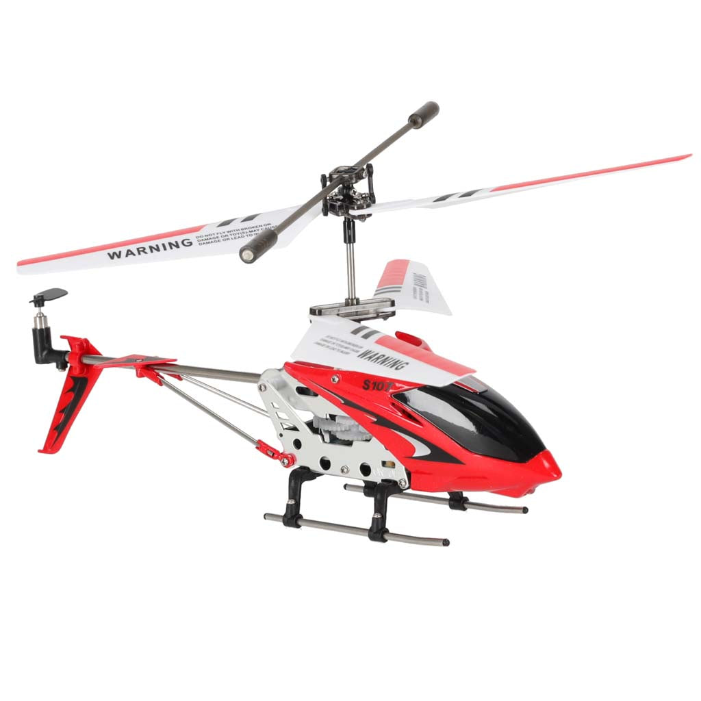 Tālvadības helikopters SYMA S107G sarkanā krāsā skatā no priekšas sāna