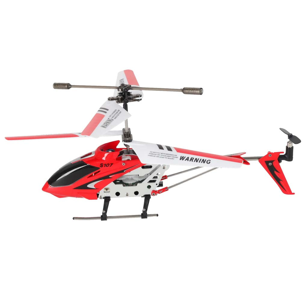 Tālvadības helikopters SYMA S107G sarkanā krāsā skatā no sāna