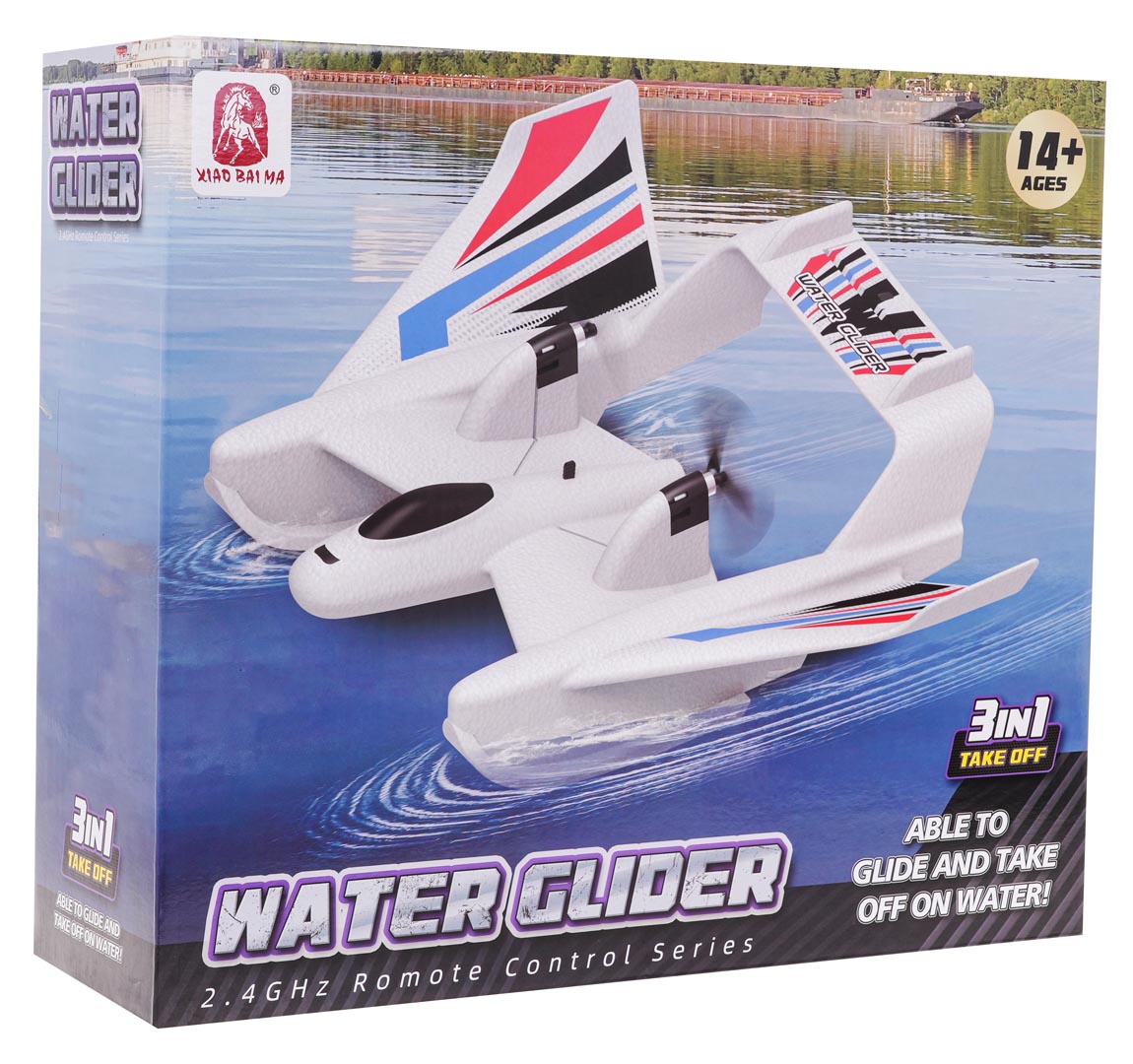 Tālvadības hidroplāns Water Glider bērniem no 14 gadu vecuma un pieaugušajiem uz iepakojuma