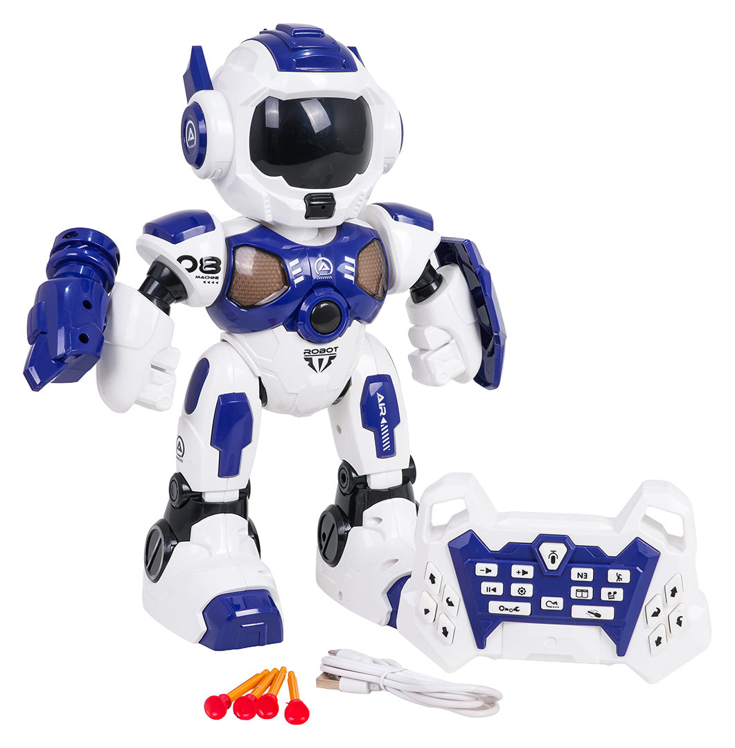 Tālvadības robots ar pulti, mīkstajām bultiņām un USB uzlādes vadu, balti zils