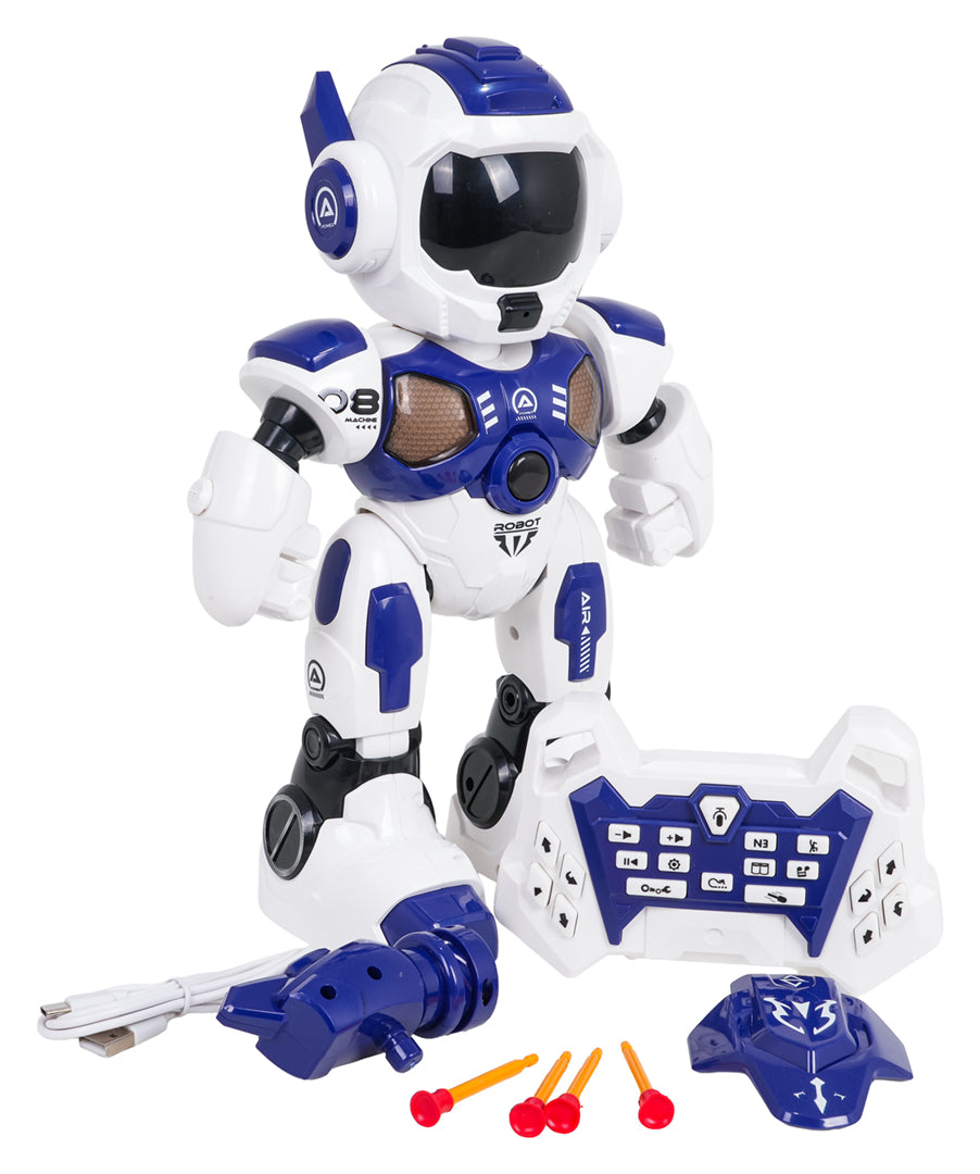 Tālvadības robots ar pulti un piederumiem, balti zils, ar mīkstajām bultiņām un USB uzlādi