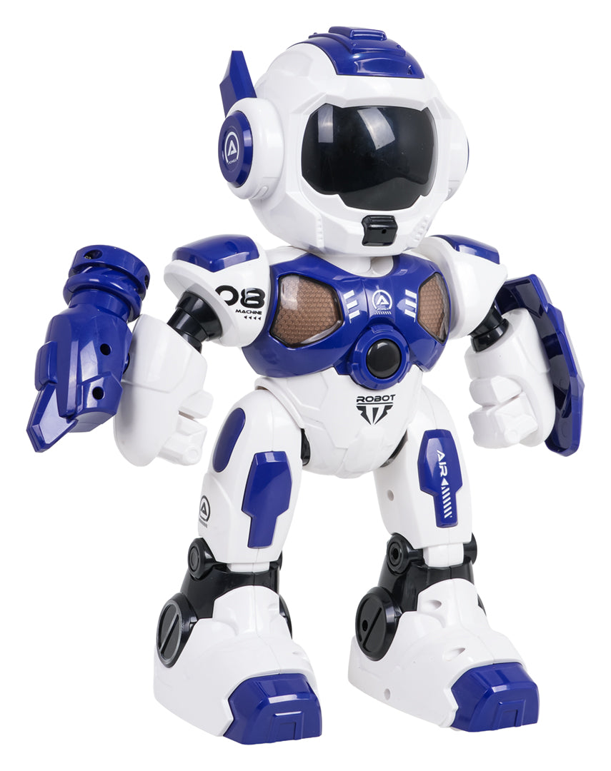Tālvadības robots bērniem ar šautriņu palaišanas ieroci, balti zilā krāsā