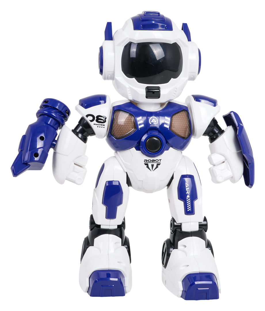 Tālvadības robots bērniem balti zilā krāsā ar šautriņu palaišanas ieroci