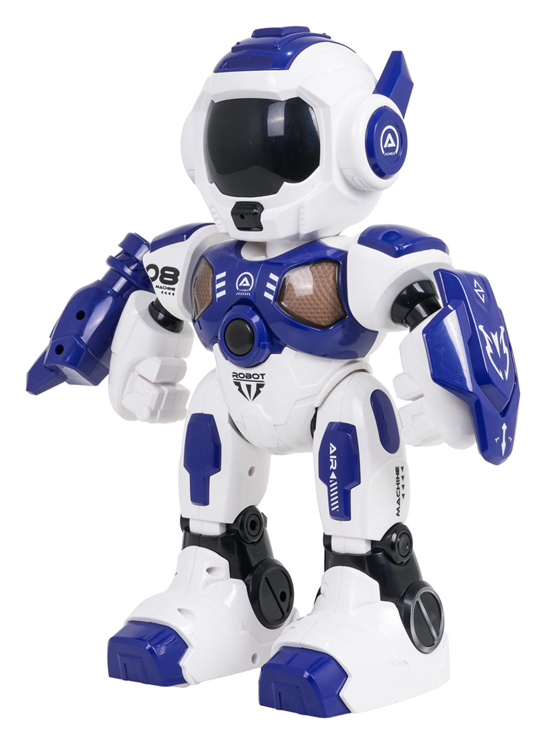 Tālvadības robots bērniem balti zilā krāsā ar vairogu un šautriņu palaišanas ieroci