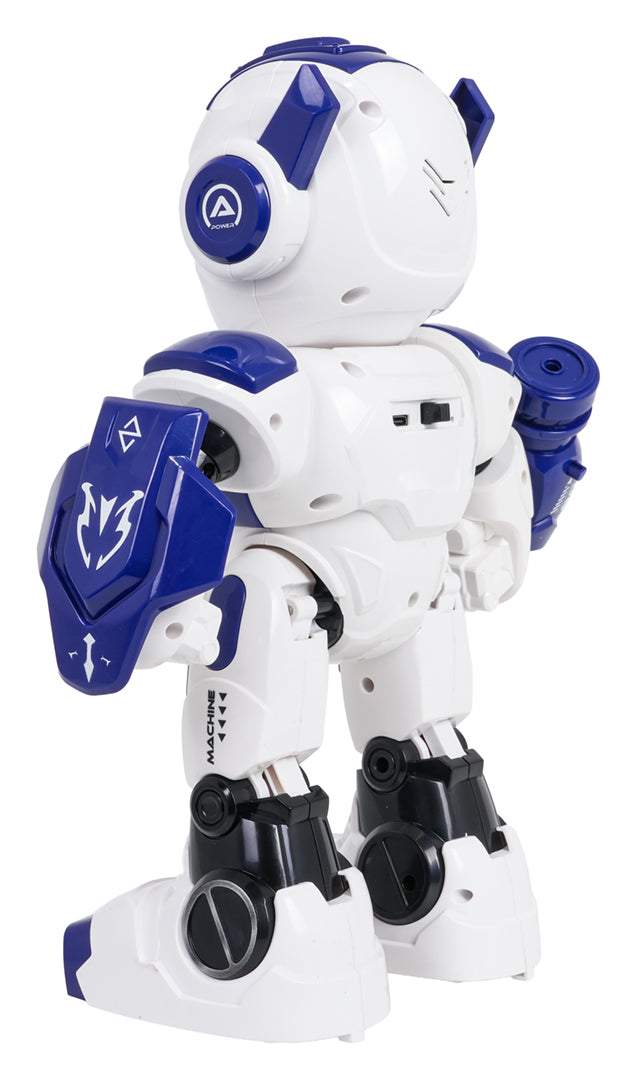 Tālvadības robots bērniem balti zilā krāsā, skats no aizmugures ar vairogu un šautriņu ieroci