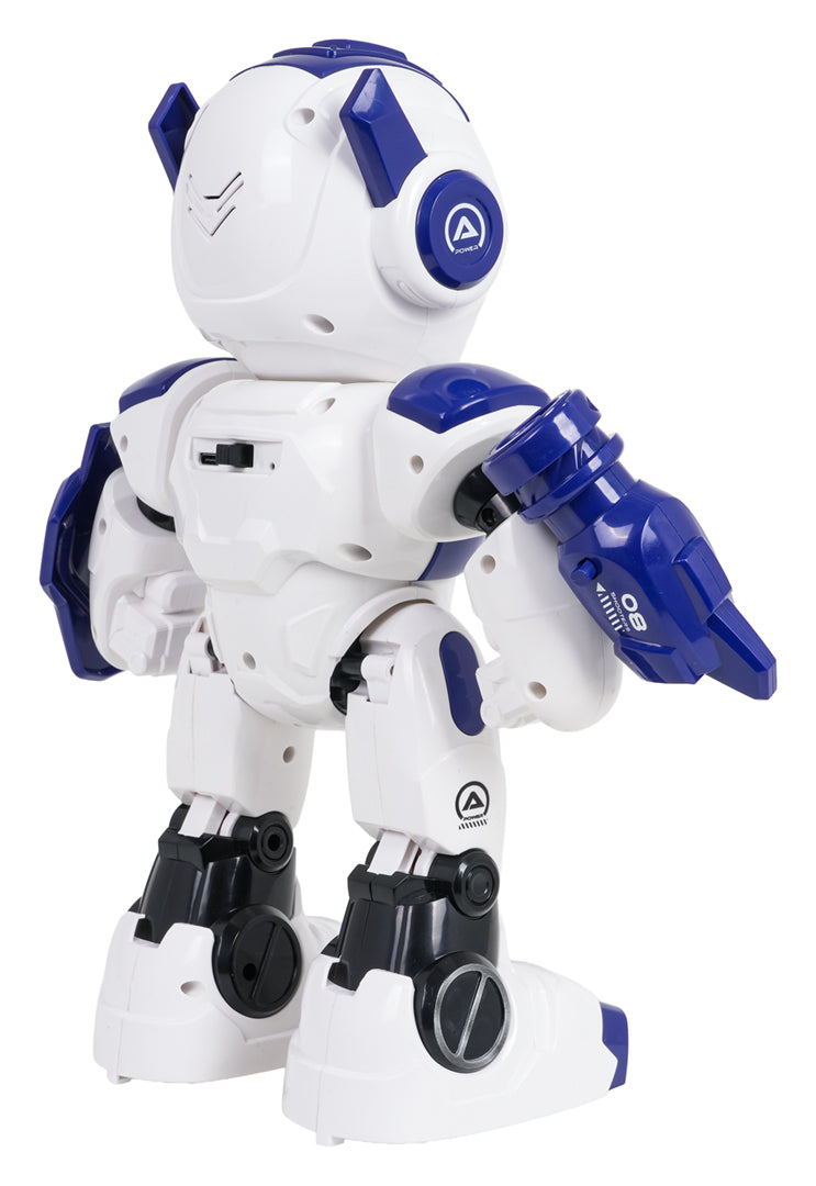 Tālvadības robots bērniem balti zilā krāsā, skats no aizmugures sānskatā ar šautriņu ieroci