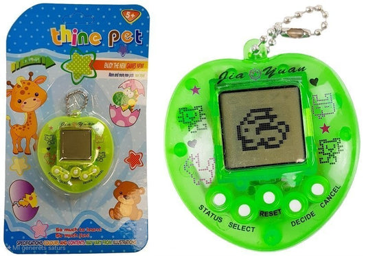 Zaļš elektroniskais mājdzīvnieks tamagotchi ar ķēdīti un ekrānu