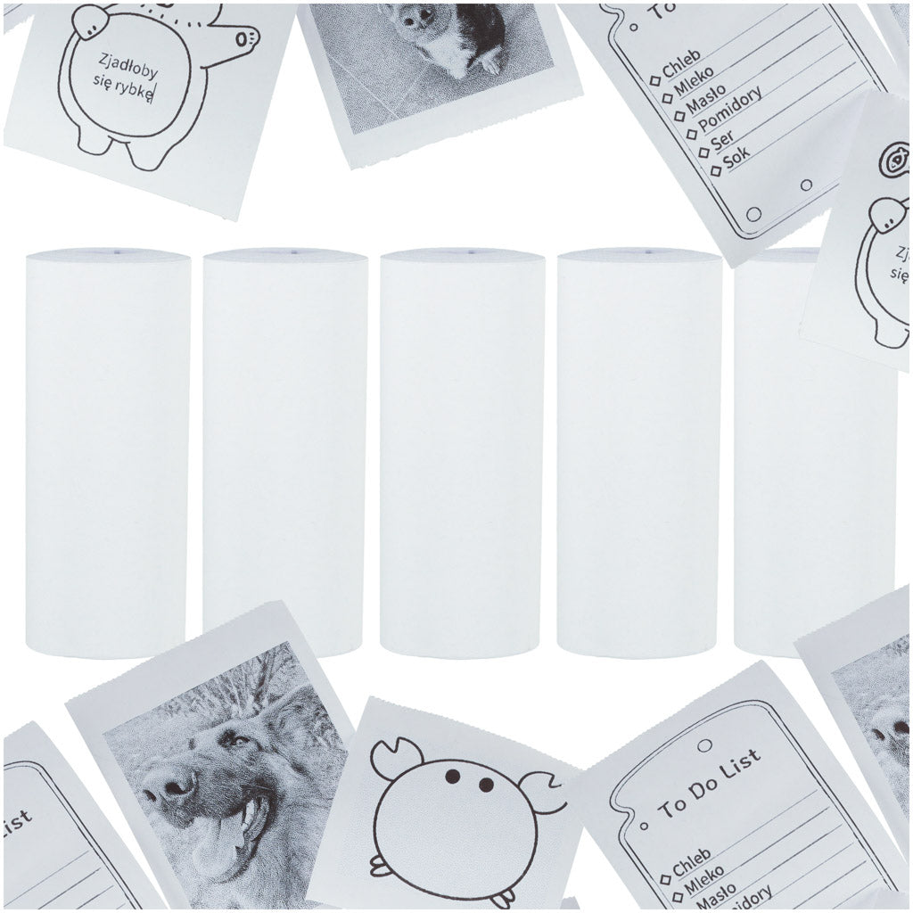 Termopapīra ruļļi mini termoprinterim un bērnu instant kamerai – 5 gabali ar drukas piemēriem