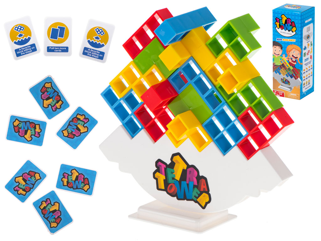 Tetra Tower līdzsvara kluču spēle ar krāsainiem Tetris formas klučiem bērniem