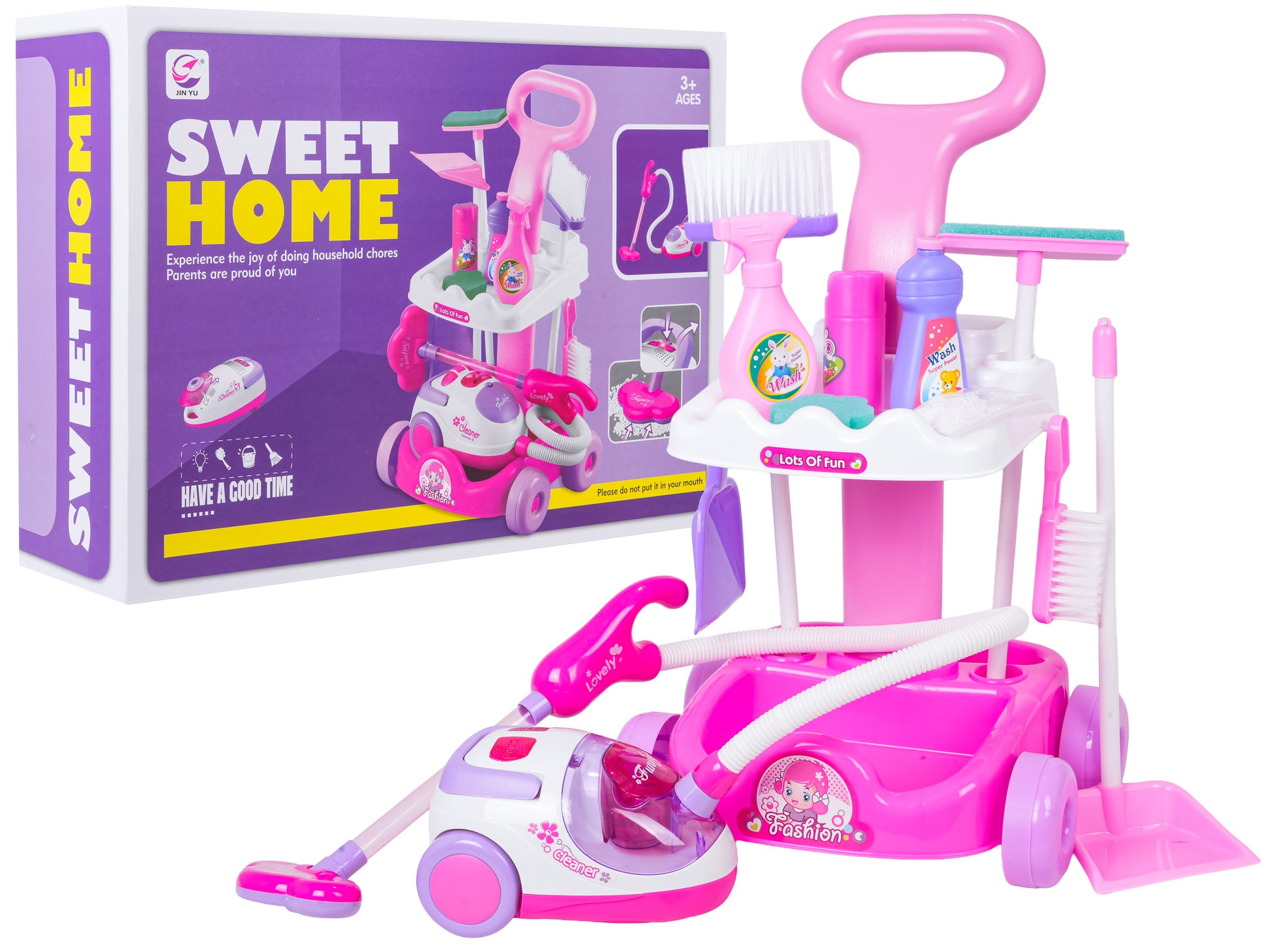 Tīrīšanas komplekts bērniem ar ratiņiem un putekļsūcēju, rozā, 3+, ar kasti