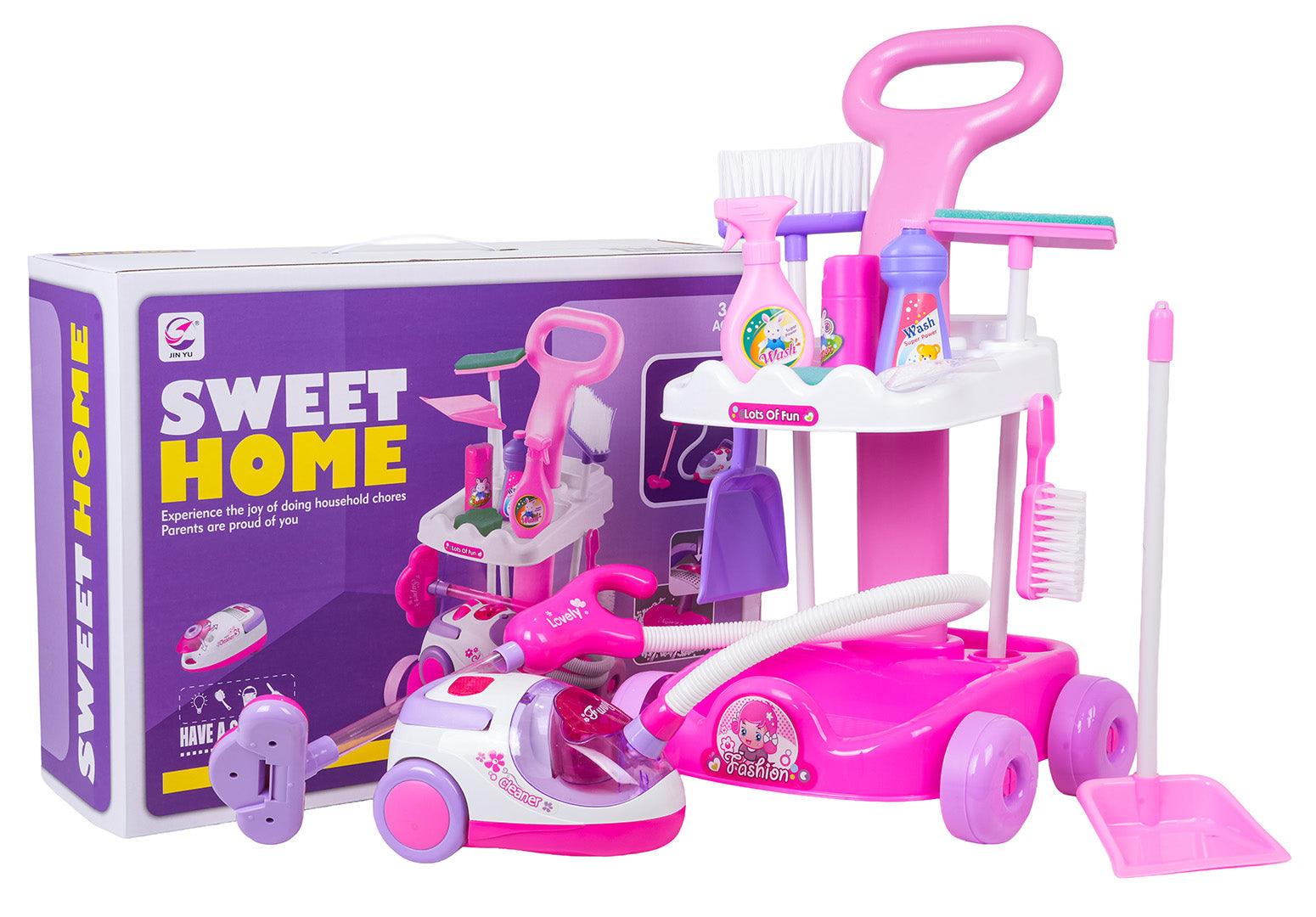 Rozā tīrīšanas komplekts bērniem ar ratiņiem, putekļsūcēju un piederumiem, 3+, ar kasti”