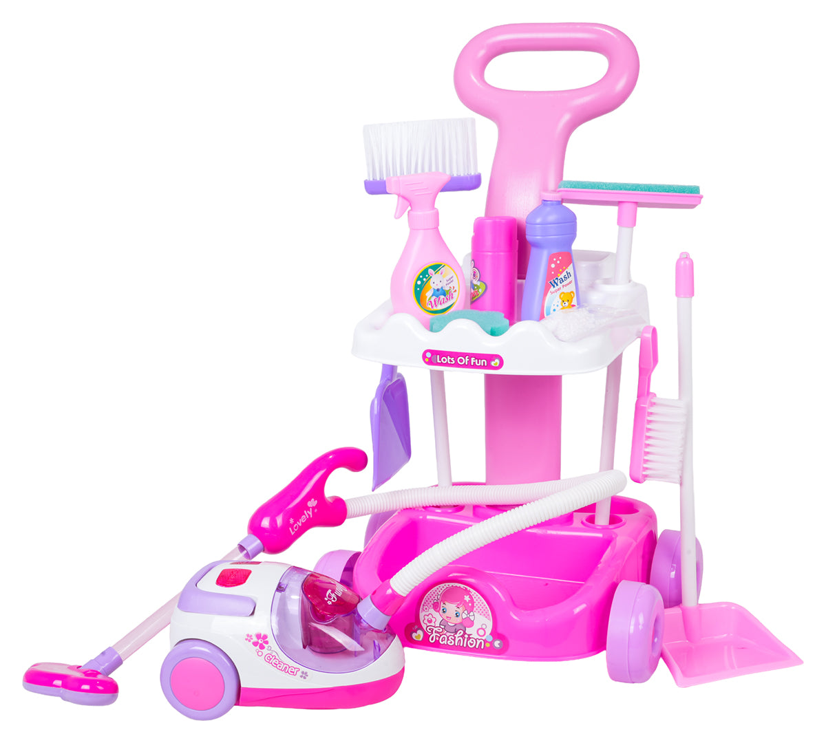 Tīrīšanas rotaļlietu komplekts bērniem ar rozā ratiņiem un putekļsūcēju, 3+