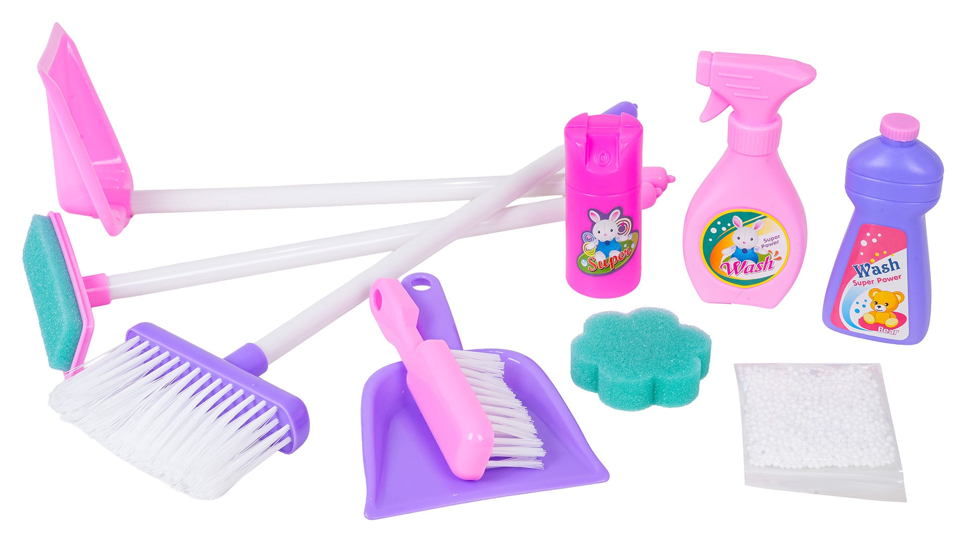 Tīrīšanas rotaļlietu komplekta piederumi – slotas, birstes, sūklis un pudelītes bērniem, 3+