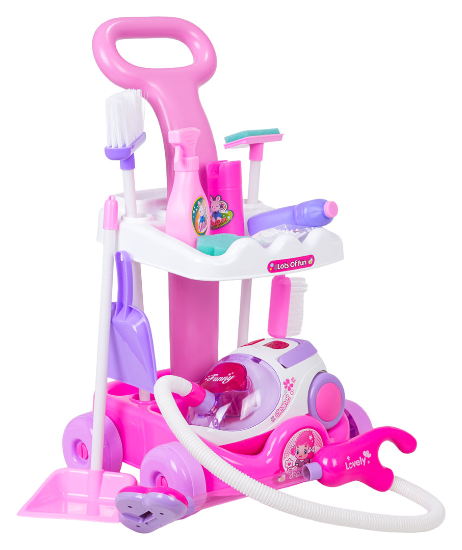 “Rozā tīrīšanas rotaļlietu ratiņi ar putekļsūcēju un piederumiem bērniem, 3+”