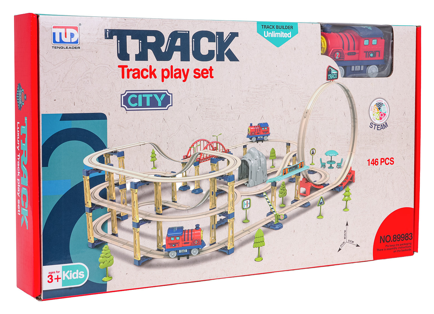 Liels 146 gabalu koka tipa rotaļu sliežu komplekts City ar vairākiem līmeņiem, loop tiltu un vilcieniņu, attēlots uz iepakojuma kastes.