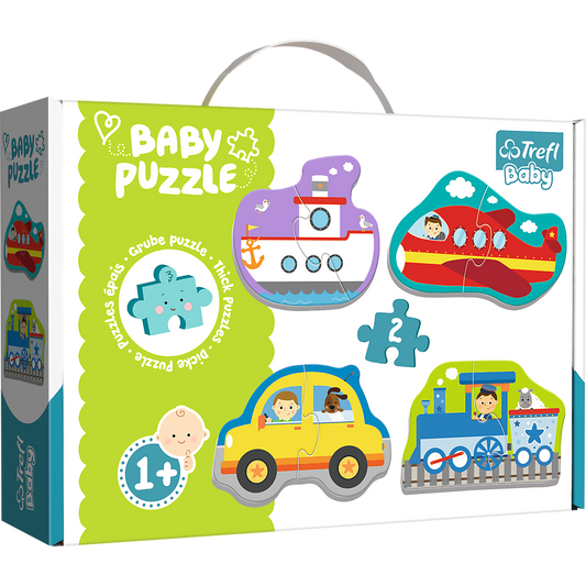 Trefl Baby transportlidzekli puzles 1+ biezas kartona puzles kuģis lidmasina auto vilciens