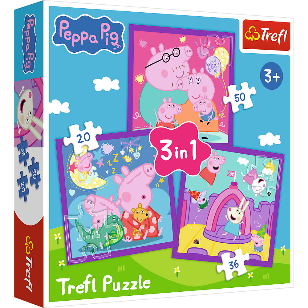 Trefl Peppa Pig puzle 3in1 ar 20, 36 un 50 gabaliņu attēliem bērniem