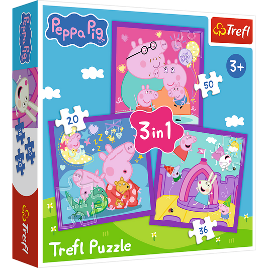 Trefl Peppa Pig puzle 3in1 ar 20, 36 un 50 gabaliņu attēliem bērniem