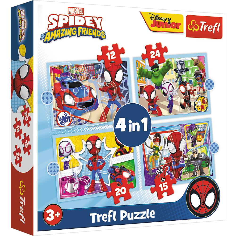 Trefl Spidey and His Amazing Friends puzle 4in1 ar 12, 15, 20 un 24 gabaliņiem