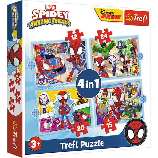 Trefl Spidey and His Amazing Friends puzle 4in1 ar 12, 15, 20 un 24 gabaliņiem