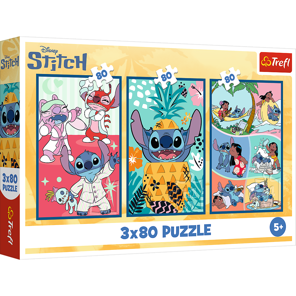 Trefl Stitch World puzle 3x80 ar trīs krāsainiem Stitch attēliem bērniem