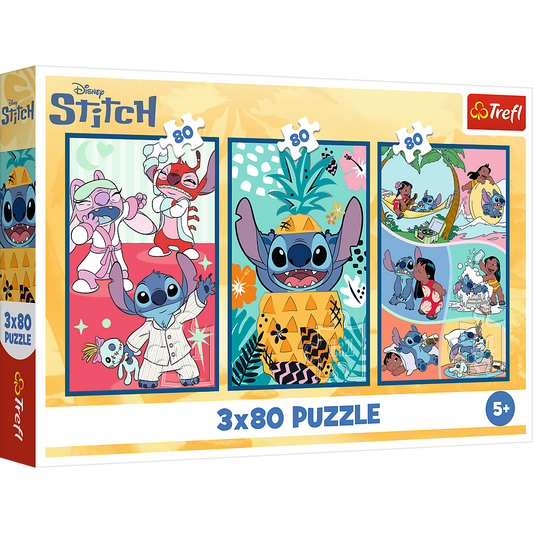 Trefl Stitch World puzle 3x80 ar trīs krāsainiem Stitch attēliem bērniem