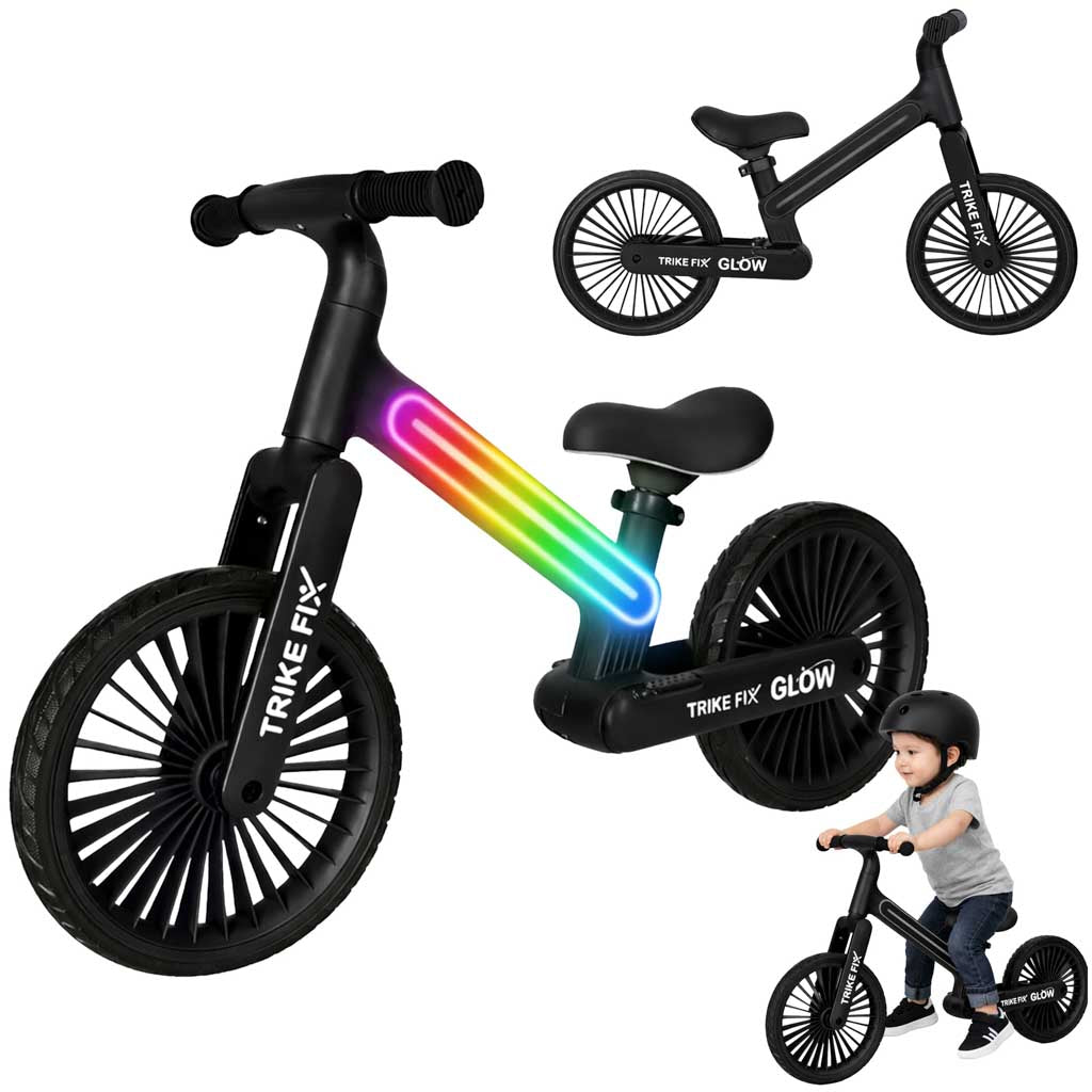 Melns balansa velosipēds Trike Fix Glow ar LED, izmēri 90 cm, stūre 36 cm, sēdeklis 40–45 cm