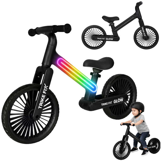 Melns balansa velosipēds Trike Fix Glow ar LED, izmēri 90 cm, stūre 36 cm, sēdeklis 40–45 cm