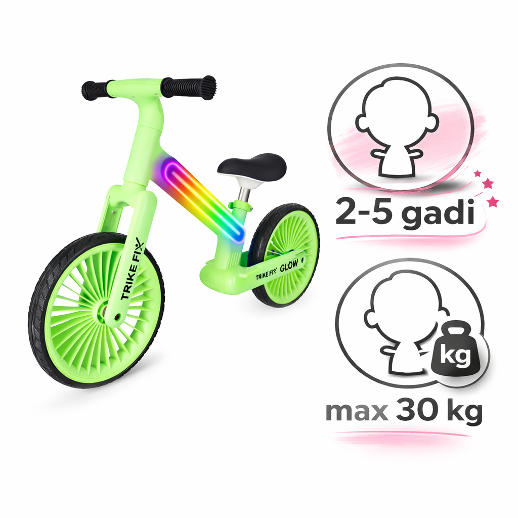 Trike Fix Glow zaļš līdzsvara velosipēds bērniem ar LED apgaismojumu, piemērots 2–5 gadiem, maksimālā slodze 30 kg