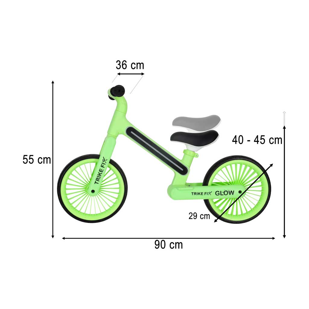 Trike Fix Glow līdzsvara velosipēda izmēru shēma ar norādītiem augstuma un garuma izmēriem
