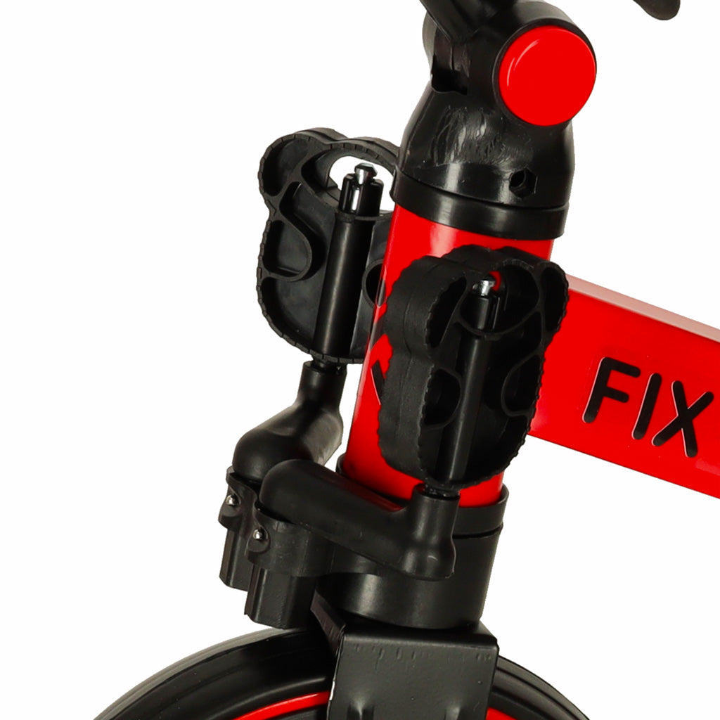 Sarkana un melna velosipēda tuvplāns ar uzrakstu "FIX" uz balta fona